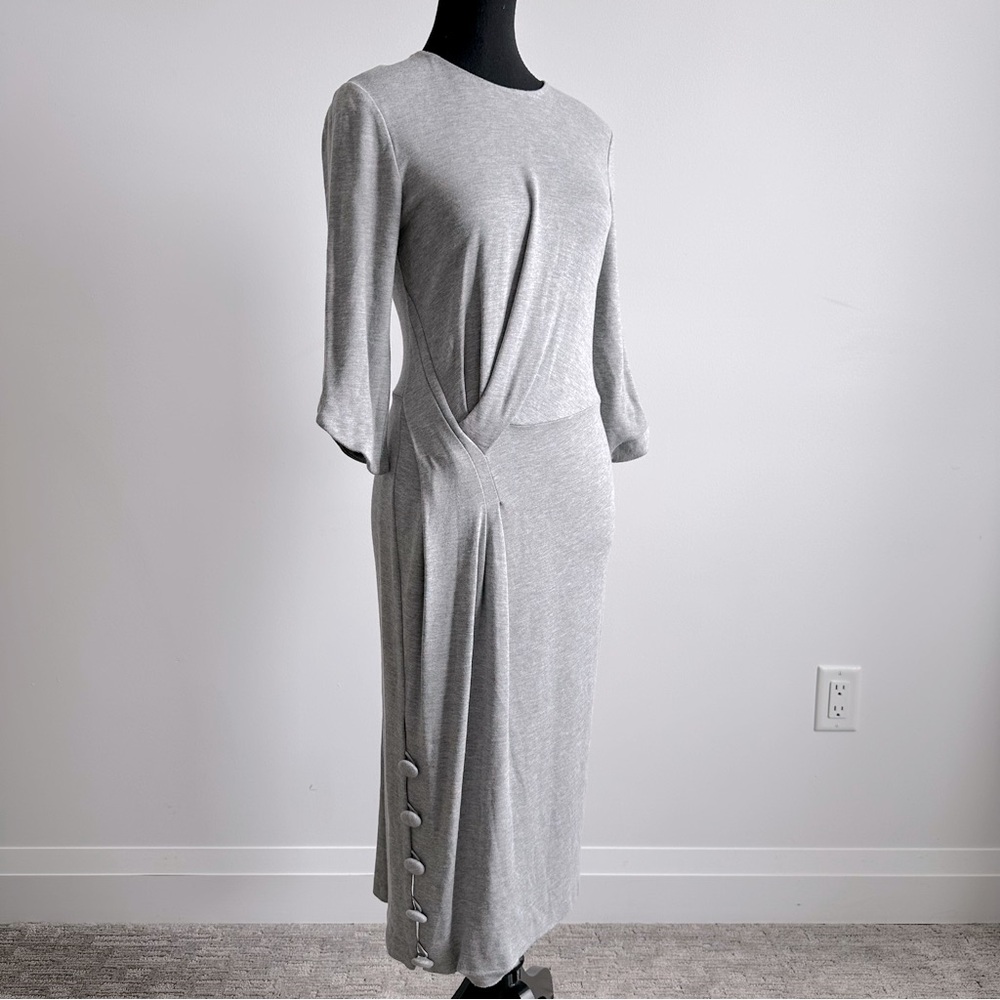 Sz 4 PRABAL GURUNG Side Pleated 3/4 Sleeve Fitted Midi Dress in Heathered Grey